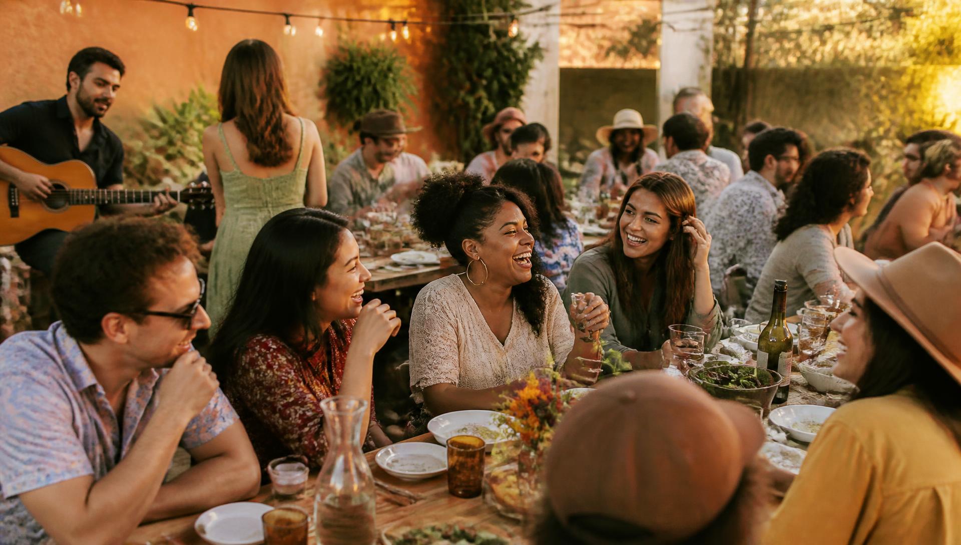 A diverse group of adults laughing and sharing a meal together at a Friendsival community event